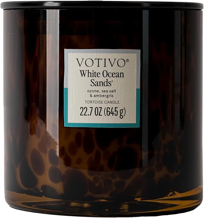 Votivo White Ocean Sands Tortoise Scented Candle | 22.7 oz Soy Wax Blend | Beach Scent | Decorative Home Decor Tortoiseshell Pattern | 100 Hour Burn Time