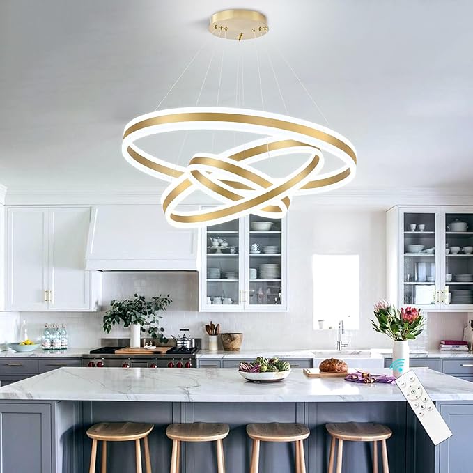 3-Rings Modern Gold LED Chandelier, Flush Mount Ceiling Lighting for Living Room, Adjustable Height Pendant Light for Staircase Foyer Dining Room Entryway 3000K 6000K
