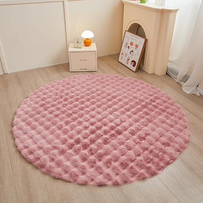 Pink Round Rabbit Plush Rug for Bedroom Living Room Sofa,5'X5' Faux Fur Fluffy Shaggy Circle for Kids Teen Girls,Furry Carpet Circular for Nursery Baby