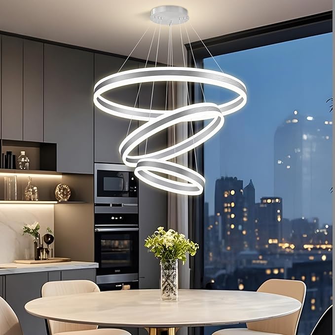 Modern LED Dimmable Chandeliers for Dining Room 3-Rings High Ceiling Chandelier for Living Room Adjustable Pendant Light Flush Mount Light Fixture for Foyer Entryway Bedroom |Silver