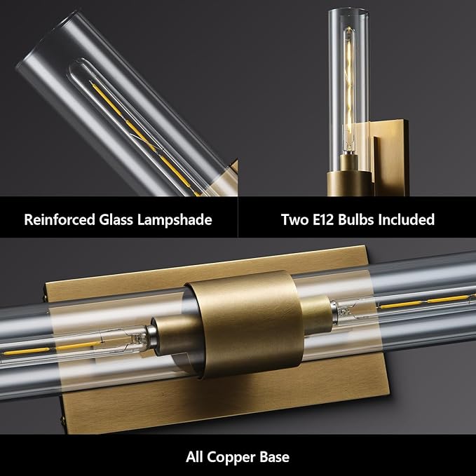 Brass Wall Sconce Light, 2-Light Bathroom Vanity Light Over Mirror, 22.8" Gold Dimmable Indoor Wall Sconce with Glass Tube, Horizontal or Vertical Linear Wall Lighting for Living Room