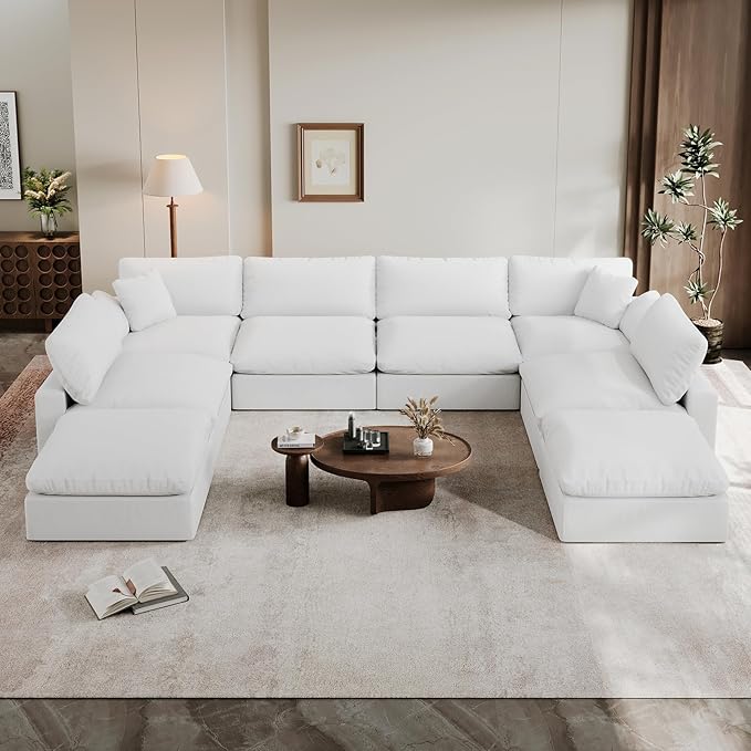 Oversized Cloud Sectional Couches for Living Room, 143" U Shaped Couch, Comfy Down Filled Modular Sectional Sofa, 8 Seat Deep Seat Modular Couch with Removable Cover, White