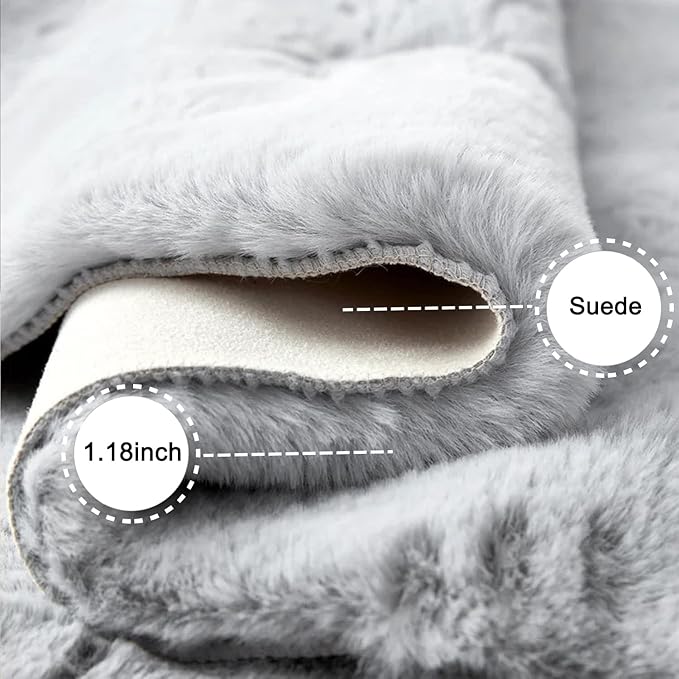 Ghouse Ultra Soft Faux Rabbit Fur Rug 4x6, Machine Washable Area Rugs for Bedroom Fluffy Rugs for Living Room, No-Shedding Carpet Sheepskin Rug Grey