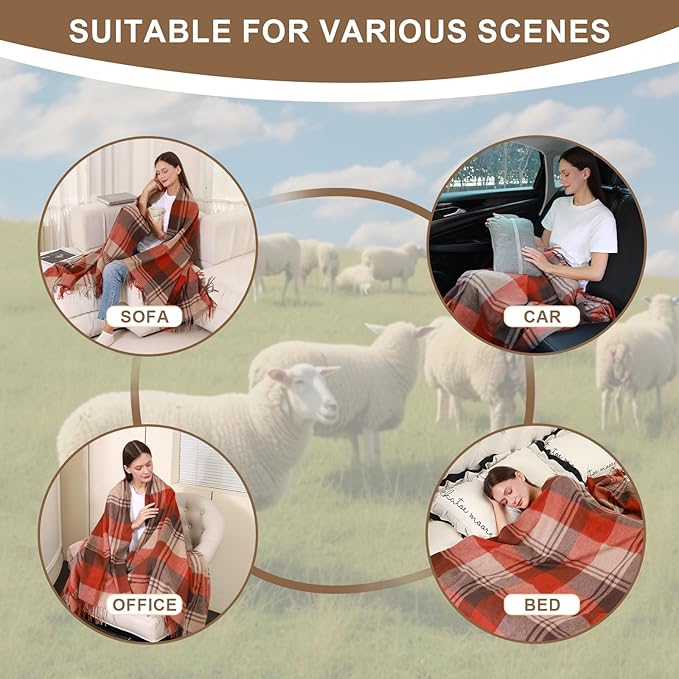 Christmas Plaid Throw Blanket for Couch,100% Wool Throw Blanket for Home Decor, Soft Lightweight Cozy All Season Decorative Vintage Blankets for Travel,Bed, Sofa, Chair, Outdoor 55"x83"/1.5LBS