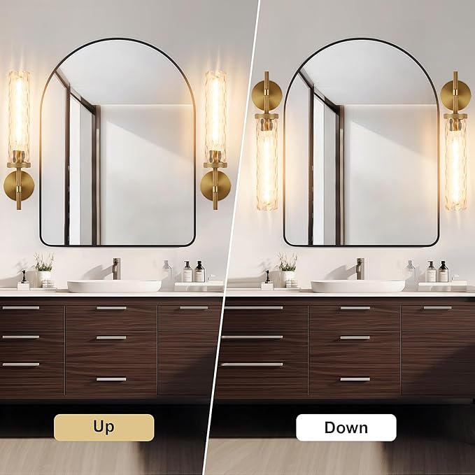 19.5" Knurled Brass Wall Sconce with Water Ripples Glass Tube, Gold Bathroom Vanity Light Fixtures, Modern Lamp Lighting for Bedroom, Living Room, Hallway, Staircase, Mirror, Kitchen