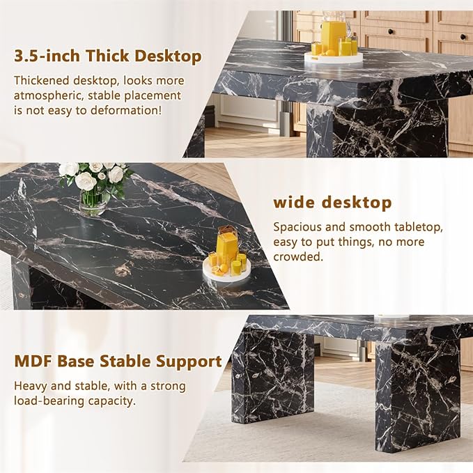 Faux Marble Black Dining Table Set for 8 (79 Inches Oversized Dining Room Table Set) (3.5'' Thick TOP)('H' Sturdy Base) Kitchen Table and PU Ergonomic Dining Chair 8 for Dining Room Living Room
