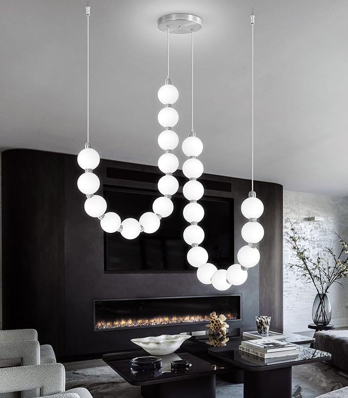 Modern Chandeliers LED Dimmable Light Acrylic Balls Ceiling Pendant Lighting for Dining Room Living Room Bedroom Adjustable Hanging Lights 45 Watts Silver Lamp