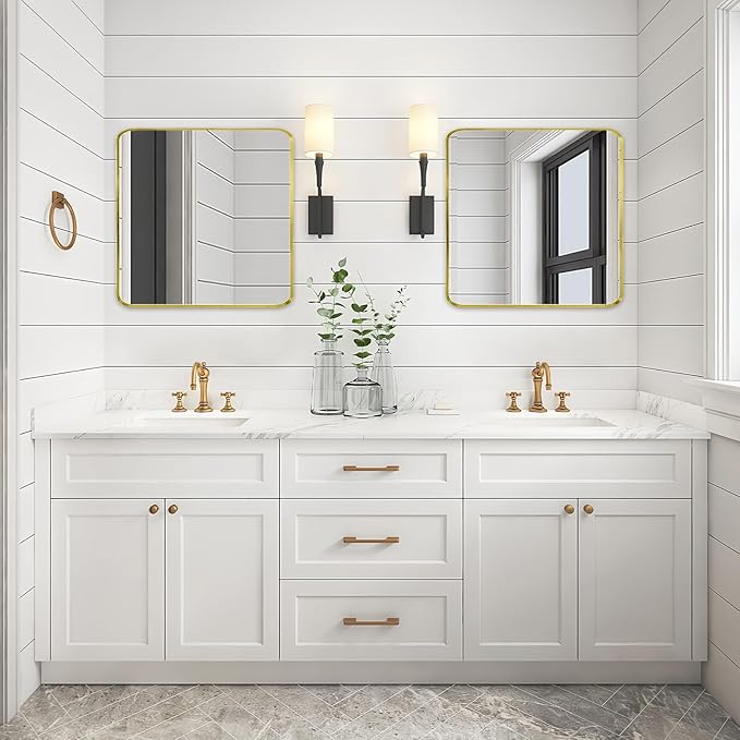 Wall Mount Mirror for Bathroom, Brushed Gold Metal Framed Rounded Corner Square Rectangular Vanity Mirror (30" x 30", Gold)