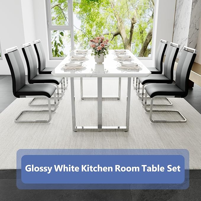 JUFU Dining Table Set for 10, 67'' Dining Table for 8-10 People with Faux Marble Tabletop and Sturdy Leg, White Rectangle Dining Room Table Set for 10 with PU Chairs, Perfect for Big Dining Room