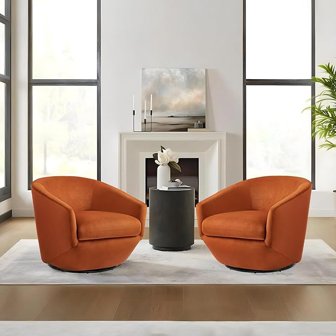 Swivel Barrel Accent Chair, Modern Round Velvet Fabric Arm Chair for Living Room, Bedroom, Comfy Club Reading Chairs for Adults(Velvet, Orange, Set of 2)