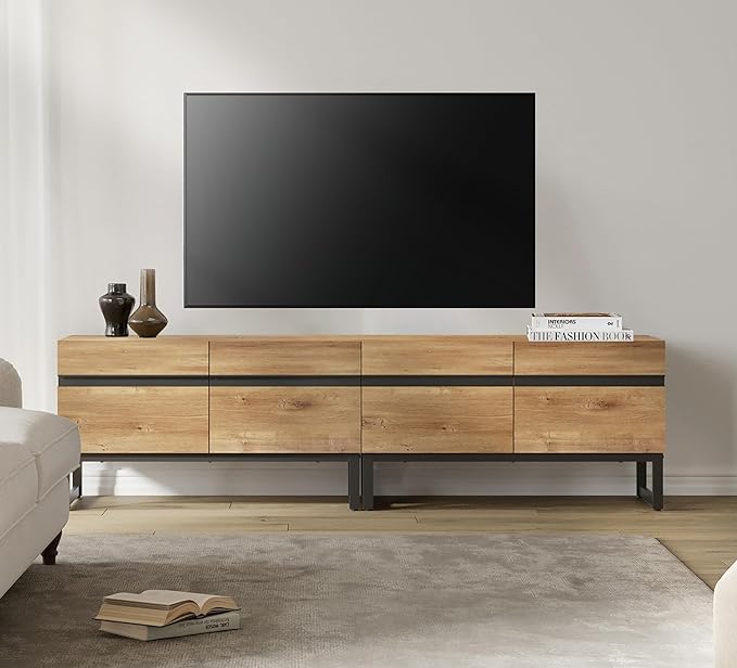 WAMPAT Modern TV Stand with Storage Cabinets for 75 Inch TV, Wood Entertainment Center Media Console Table with Metal Leg for Living Room Bedroom, Oak