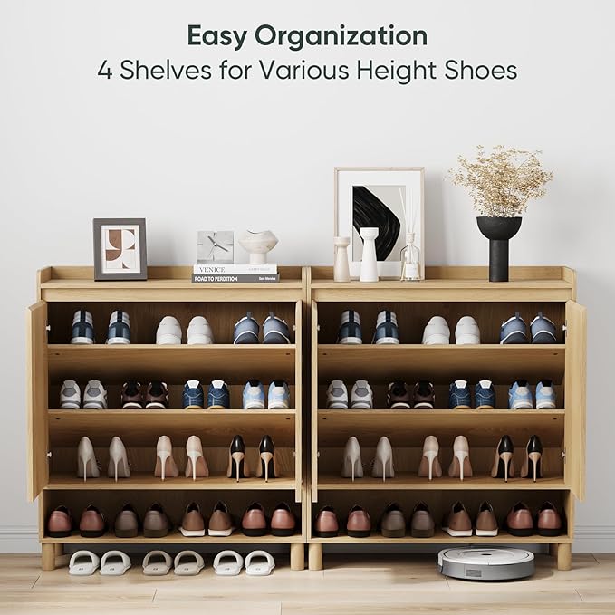 Shoe Cabinet for with Line Grooved Doors, 5-Tier Wooden Shoe Organizer Cabinet for Entryway, Hallway, Closet, Living Room, Natural Oak