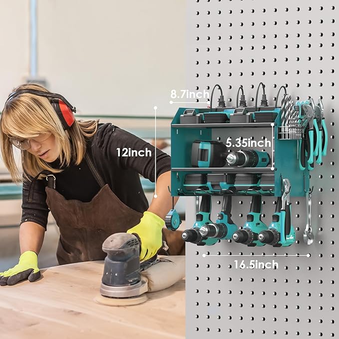 CCCEI Modular Power Tool Organizer Wall Mount with Charging Station. Garage 4 Drill Storage Shelf with Hooks, Drill Bit Heavy Duty Rack, Navy Blue Tool Battery Holder Built in 8 Outlet Power Strip.