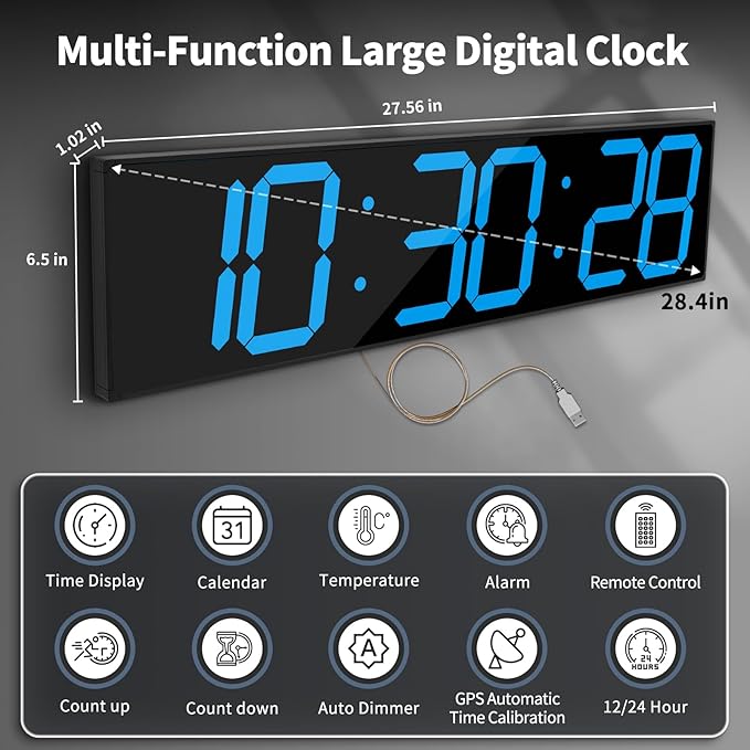 28.4''Large Digital Wall Clock,Automic Digital Clock with Alarm,Clendar and Termperature,Auto Time Sync with Easy Operation, Big Gym Timer with Countdown,Countup and Interval Workout(Blue)