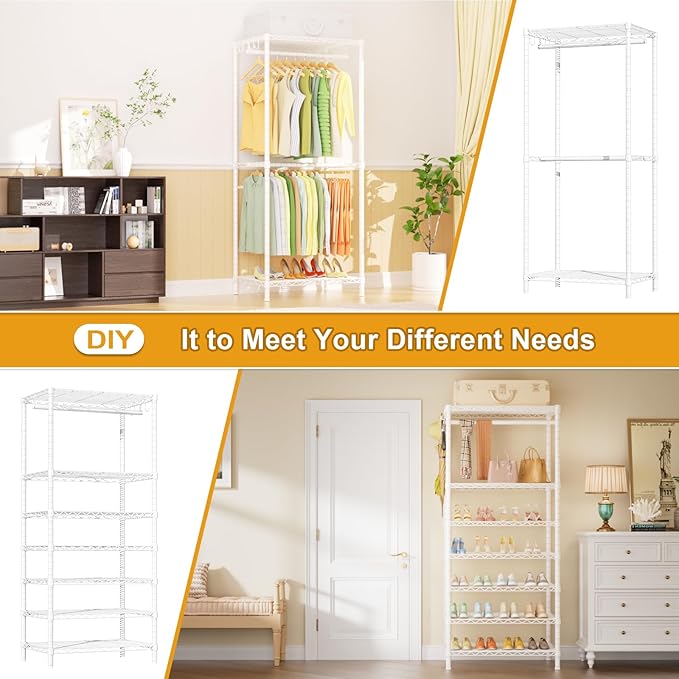 Ulif E13C Heavy Duty Closet Organizer System，Freestanding Clothing Racks for Hanging Clothes，Adjustable Garment Rack 63" W x 16" D x 77" H Hold 960 lbs，White Clothing Rack with White Dustproof Cover