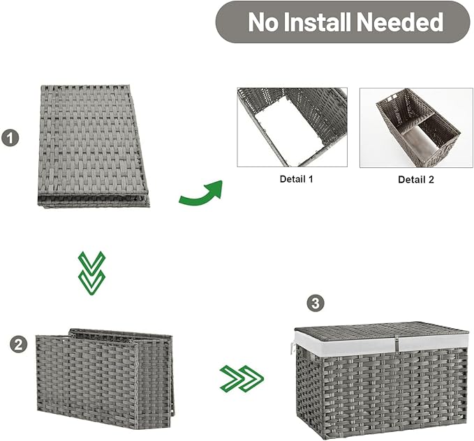 180L Wicker Storage Basket with Lid, Handwoven Rattan Large Shelf Basket with Removable Liner, 47.6 Gallon Wicker Basket for Blanket, Storage Trunk with Handle for Closet, Bedroom, Livingroom, Grey