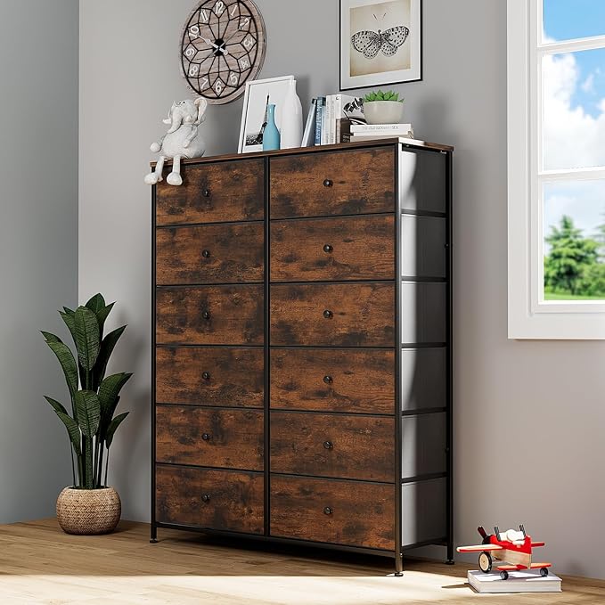 Arlopu 12-Drawer Dresser, 35.2’‘ Widened 6-Layer Fabric Storage Tower w/Textured Print Fabric Bins, Tall Chest Organizer Unit for Living Room, Hallway, Nursery, Closets, Adjustable Feetpad