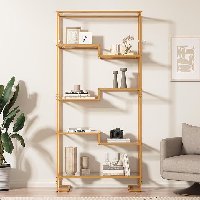 5-Tier Bookshelf, Tempered Glass Display Shelf, Modern Open Shelf Bookshelf, Tall Storage Open Bookcase for Living Room, Home Office, Bedroom, Golden
