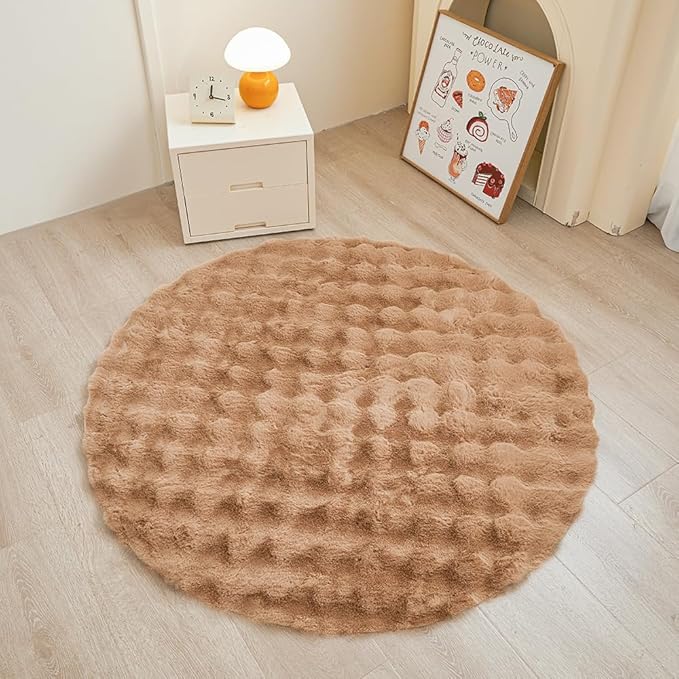 Coffee Round Rabbit Plush Rug for Bedroom Living Room Sofa,4'X4' Faux Fur Fluffy Shaggy Circle Rug for Kids Teen Girls Room,Furry Carpet Circular Rugs for Nursery Baby Room