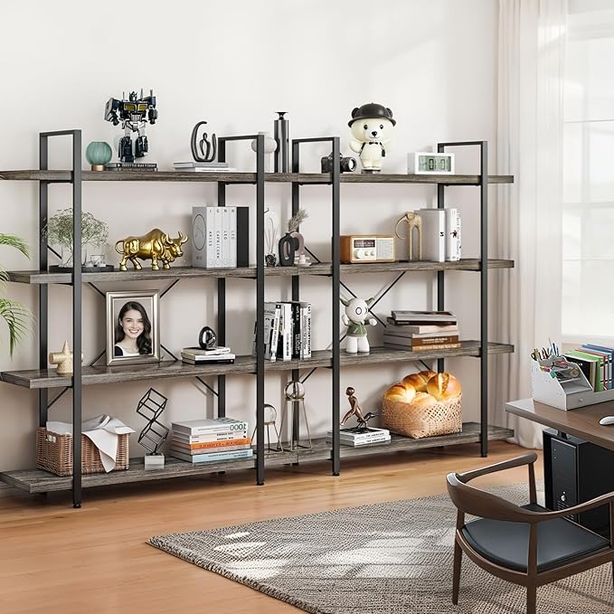 4-Tier Industrial Bookcase, 47 Inch Wide Wood Bookshelf, 120lbs Shelf Capacity, Rustic Open Shelving Heavy Duty Display with Reinforced Horizontal Grey Shelves for Living Room Bedroom Office - 2Pcs