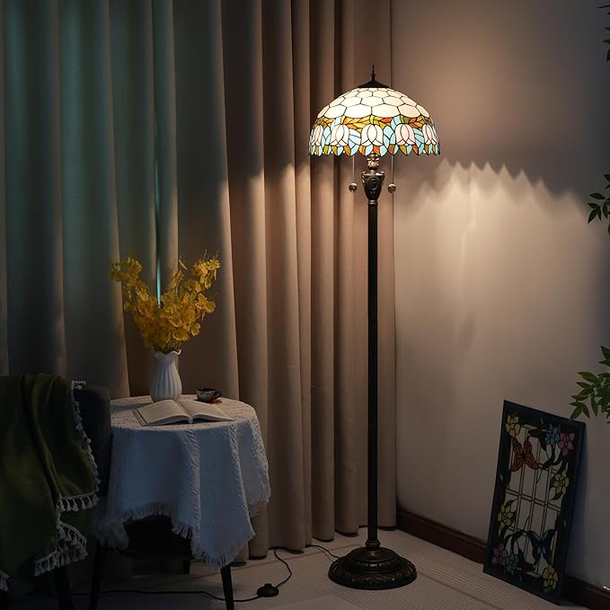 Tiffany Floor Lamp Pink Tulip Style Stained Glass Lamp Bright Lighting Rustic Standing Floor Lamp 16X16X64 Inches Vintage Unique Bronze Reading Corner Lamp for Home Decor Living Room Bedroom