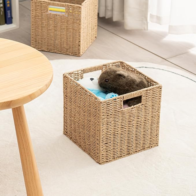 Handwoven Paper Woven Cube Basket Organizer with Handles set of 4 Foldable Storage baskets for Bedroom Living Room Cubby Storage Units for Clothes Books Toys (Natural, 13" L x 13" W x 13" H)
