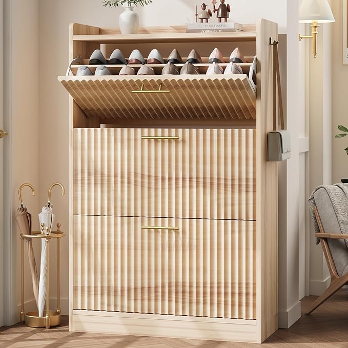 Shoe Storage Cabinet with 3 Flip Drawers, Fluted Freestanding Shoe Cabinet Storage for Entryway with Adjustable Shelf, Hidden Shoe Rack Cabinet for Foyer, Hallway (Natural Wood)