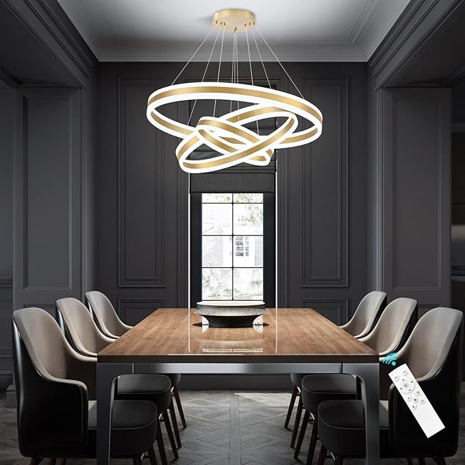 3-Rings Modern Chandelier for Dining Room Gold LED Dimmable Pendant Lightings for Kitchen Island Adjustable Height Flush Mount Ceiling Lighting for Living Room Foyer Hallways 3000K-6000K