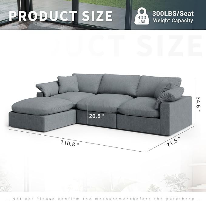 Modular Sectional Sofa Cloud Couch,Down Filled Comfy Cloud Modern Sofa,L Shape Oversized Couch Cushion Covers Removable for Living Room,Light Blue