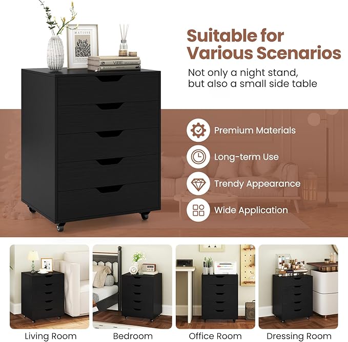 LOKO 5-Drawer Storage Cabinet, Versatile Drawer of Chest with Lockable Wheels, Mobile Office Lateral File Cabinet, for Home Office, Study (Black, 16" D x 19.5" W x 25.5" H)