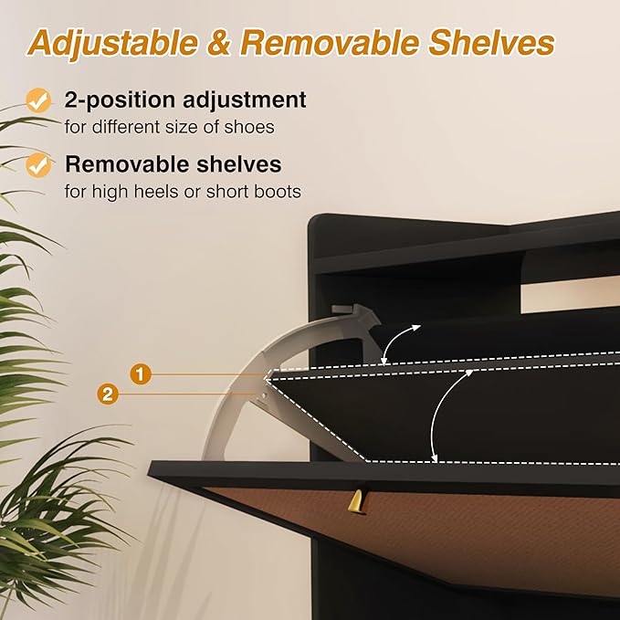 Narrow Shoe Storage Cabinet with 2 Flip Drawers, Freestanding Shoe Organizer Slim Shoe Cabinet Storage, Wooden Closed Shoe Rack for Entryway, Hallway, Living Room, Black