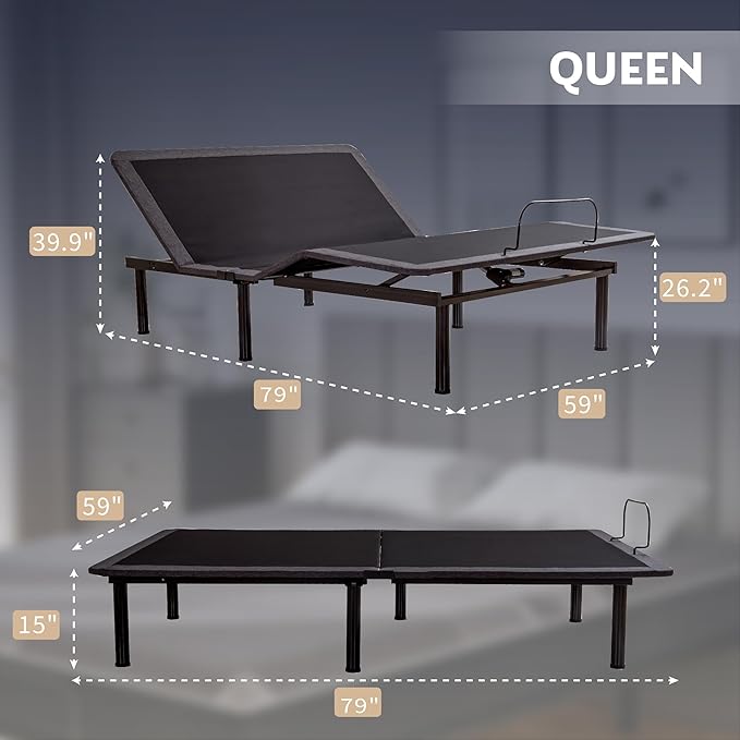 Queen Adjustable Bed Base Frame with Wireless Remote + 14 Inch Queen Gel Memory Foam Mattress Bed in a Box, Head and Foot Incline, Zero Gravity, Fiberglass Free, 80" × 60"