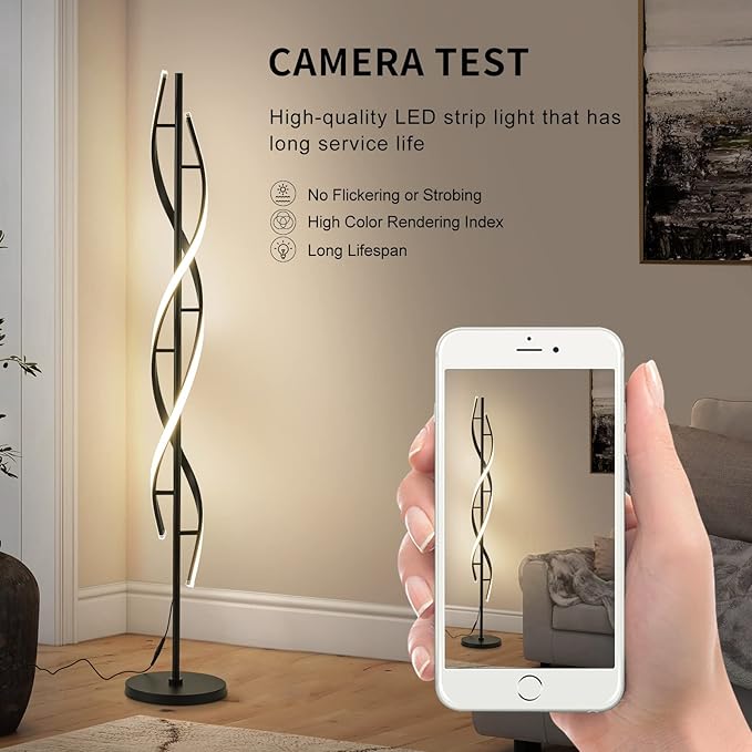 Spiral LED Floor Lamp for Bedroom,Modern Floor Lamps with Remote Control 60 Inch Dimmable Black Floor Lamp 48W Standing Lamp Timing 3 Color Temperature Corner Floor Lamps for Living Room
