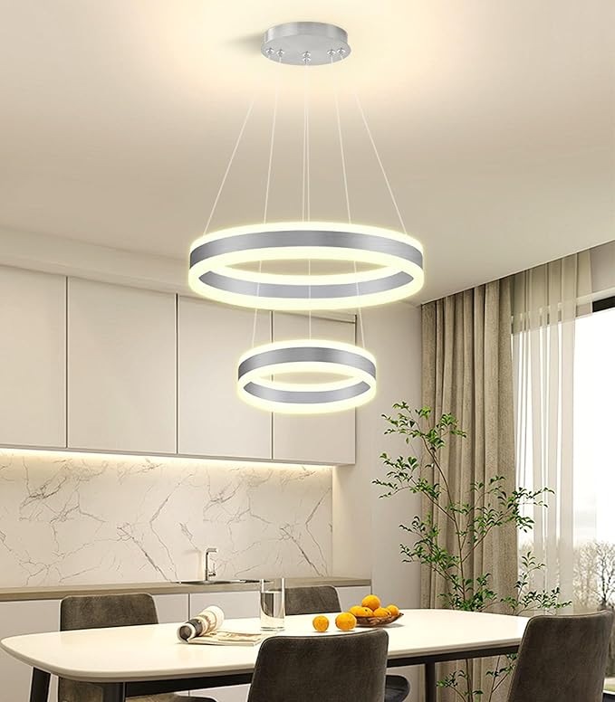 D7.8''+15.7'' Modern Ring Chandelier for Dining Room LED Dimmable Pendant Lighting for Living Room Foyer Bedroom Entryway 3000K-6000K Silver