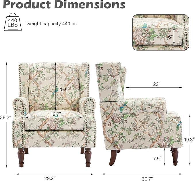 UIXE High Back Floral Accent Chair, Fabric Upholstered Armchair Wingback Arm Club Chair for Living Room, Nailhead Trim Single Sofa Bedroom Side Reading Seat with Solid Wood Legs - Bird Pattern