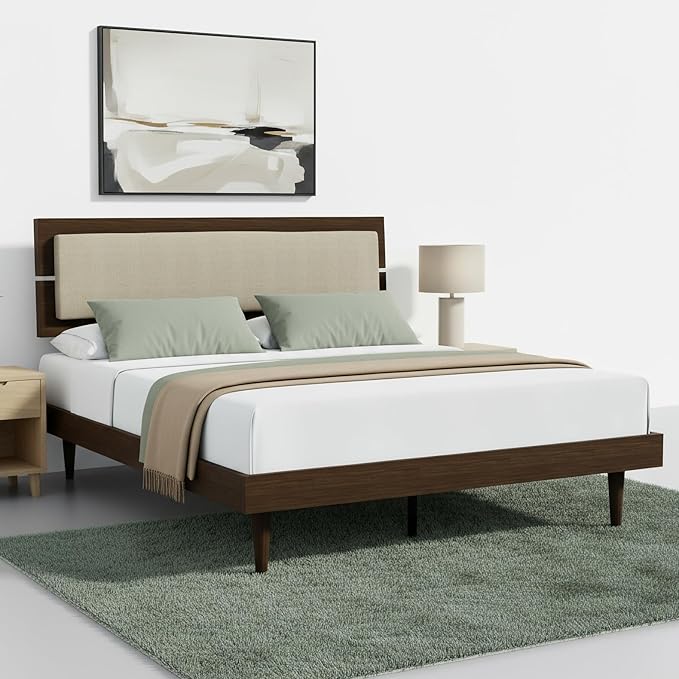Modern Solid Wood Platform Bed with Adjustable Headboard with Cushion – No Box Spring Needed,Fast Assembly – Queen Size in Walnut