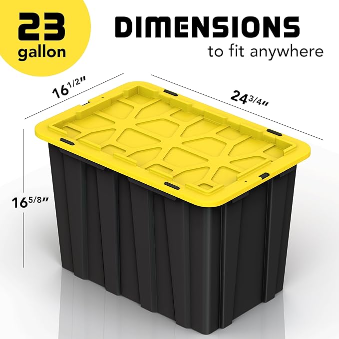 4 PACK of X-Large 23 Gallon Plastic Storage Bin Tote Organizing Container with Secure Latching Lids, Stackable, Extra Strength with Built in Handle - Black & Yellow