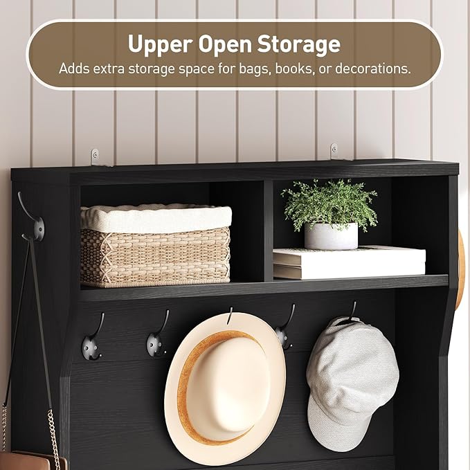 Farmhouse Tall Shoe Cabinet with Coat Rack, Narrow Hidden Shoe Storage Cabinet with 3 Flip Drawers, 2 in 1 Hall Tree with Hooks, Narrow Shoe Organizer for Entryway, Hallway, Black