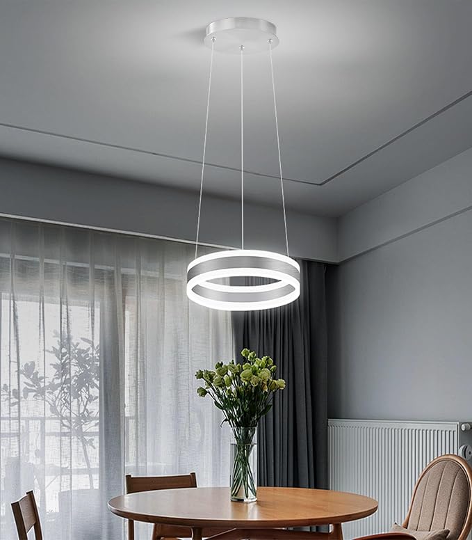 D7.8'' Modern Ring Chandelier for Dining Room LED Dimmable Pendant Lighting High Ceiling Chandelier for Living Room Foyer Bedroom Entryway 3000K-6000K Silver