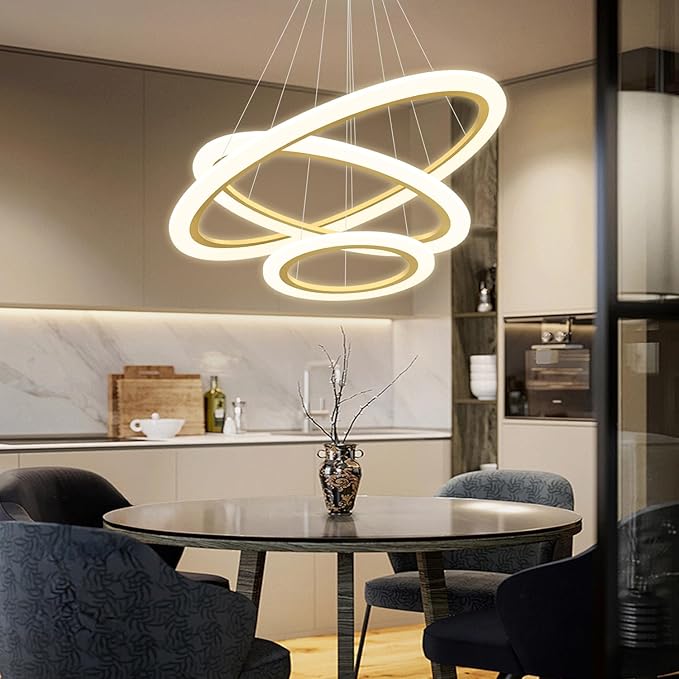 Modern LED Chandelier 3 Ring Chandelier for Dining Room Living Room Pendant Lighting High Ceiling Hanging Light Fixture for Bedroom Foyer Gold