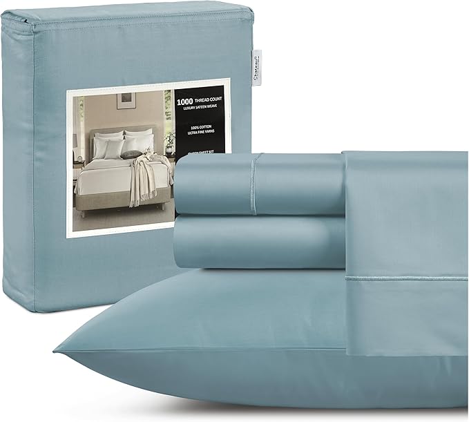 100% Cotton Sheets Queen Size Set- 1000 Thread Count Queen Size Sheets Set, Luxury Hotel Sheets, Soft & Smooth Sateen Weave, Cooling Sheets, 15" deep fitted sheets queen size- French Blue