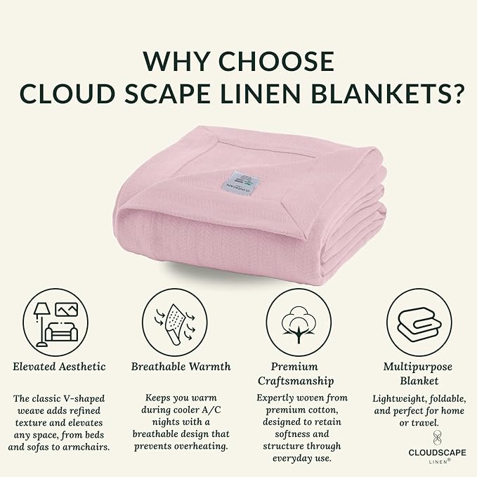 Cloud Scape Linen 100% Cotton Blanket Queen Size - Lightweight All Season & Breathable Blanket, Herringbone Weave, Best Gift for Women, Mom, Men,fits Full Size Bed, 92x92, Seashell Pink