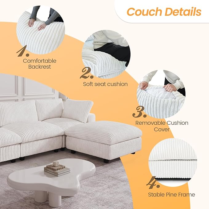 JACH Modern U Shape Sectional Couch, Convertable Modular Couches with Chaise Ottomans, Deep Seat Sofas, Sofa Covers Washable, Minimalist Plush Sofa for Living Room, Apartment, Beige