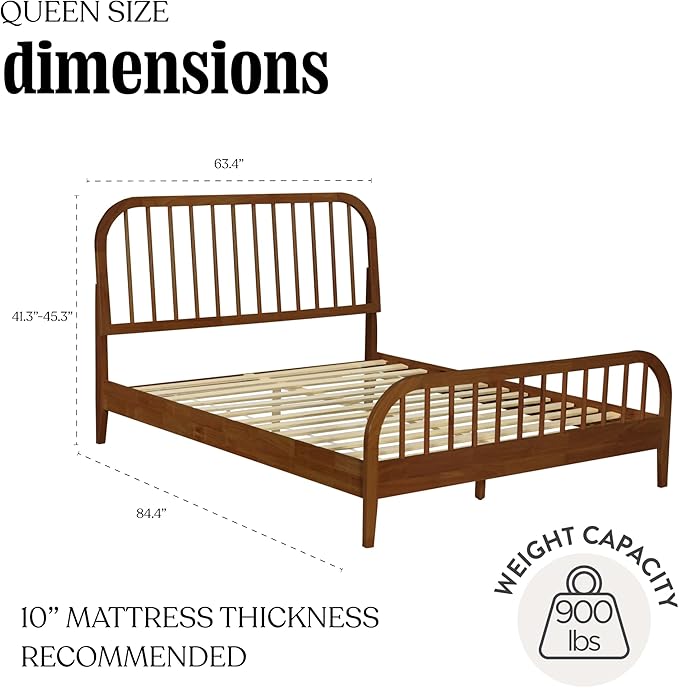 DG Casa Wesley Solid Wood Queen Size Bed Frame - Mid Century Modern Style, Platform with Spindle Headboard and Footboard, No Box Spring Required, Walnut Finish