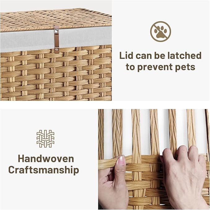 180L Wicker Storage Basket with Lid, Handwoven Rattan Large Shelf Basket with Removable Liner, 47.6 Gallon Wicker Basket for Blanket, Storage Trunk with Handle for Closet, Bedroom, Livingroom, Natural