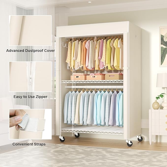 FUTASSI White Clothing Rack with Beige Cover, P1C Plus Rolling Closet with Wheels, Metal Garment Rack for Hanging Clothes, Clothing Storage Wardrobe, 46" W x 18.5" D x 80.7" H, Load 524 Pounds