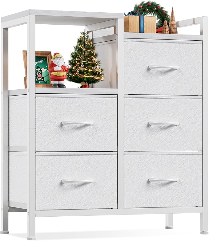 Furnulem 5 Drawer White Dressers for Bedroom 2 Tier Shelf Storage Small Fabric Dresser for Closet Sturdy Metal Frame Modern Style Storage Cabinets Organization Units for Hallway Rooms