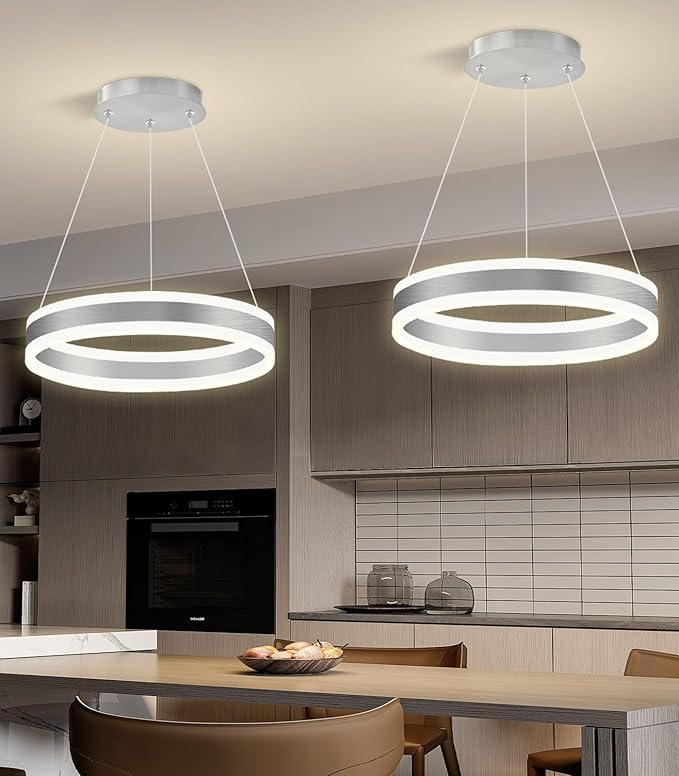 D15.7'' Modern Ring Chandelier for Dining Room LED Dimmable Pendant Lighting High Ceiling Chandelier for Living Room Foyer Bedroom Entryway 3000K-6000K Silver