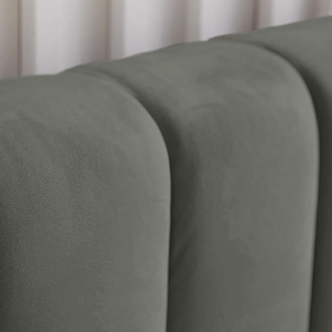 Livinia Queen Size Elton Velvet Platform Bed, Upholstered Bed Frame with Vertical Channel Tufted Headboard Footboard, Strong Wood Slats, No Box Spring Needed, Gray (Queen)