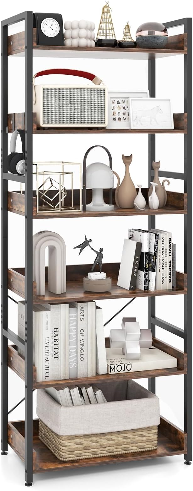 Tangkula 6-Tier Bookshelf, 70” Tall Industrial Bookcase w/Open Shelves & 4 Hooks, Storage Rack w/Metal Frame, Vintage Standing Display Rack for Study Living Room Kitchen (2, Rustic Brown)